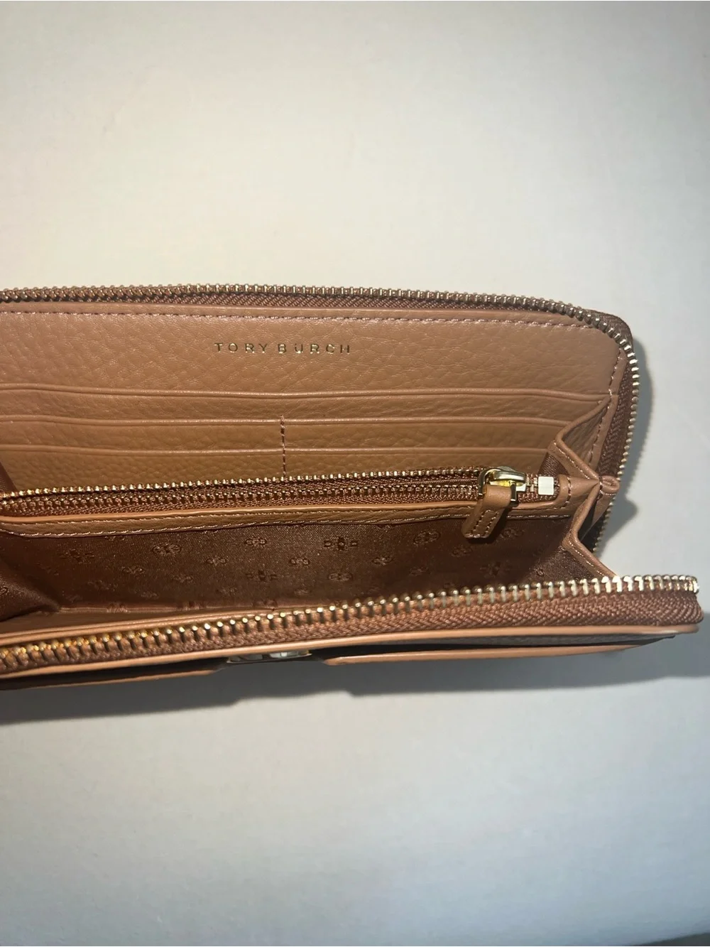 Tory Burch Pebbled Leather Zip Wallet in Light Brown